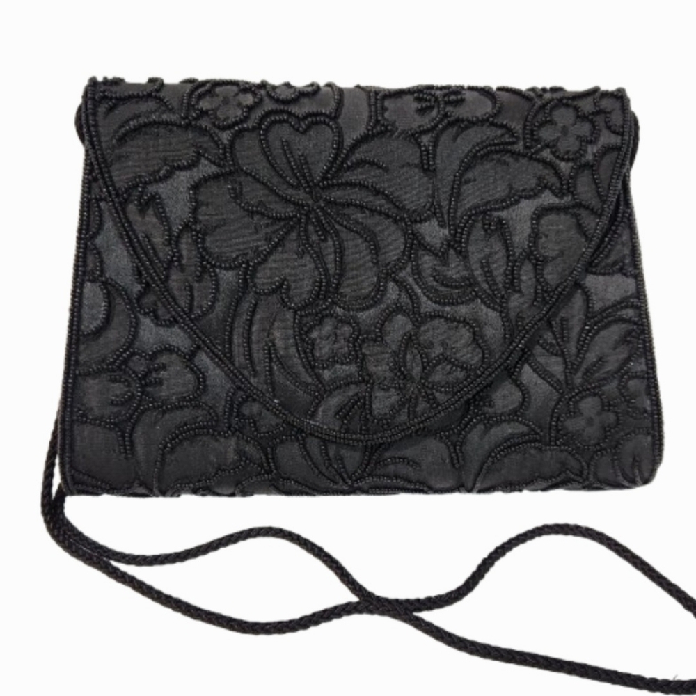 VTG Henry Birks Black Beaded Envelope Clutch Bag with Rope Shoulder Strap, 1990s